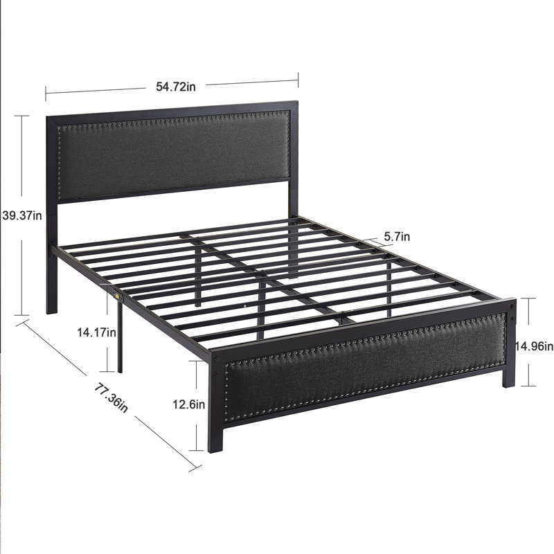 Structure de lit moderne avec tête de lit tapissier et tables de chevet 1 tiroir avec ports de chargement USB, Double