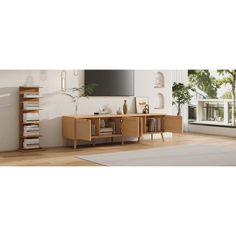 Meuble télé 70 po avec portes en rotin pour téléviseur de 80 po ou moins, console média avec espace de rangement et trous pour câbles