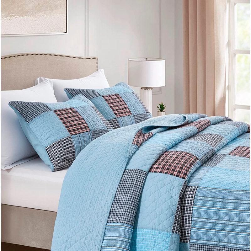 Plaid Patchwork Cotton Reversible Blue Quilt Set, King Quilt + 2 King Shams
