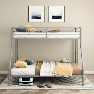 Twin Over Full Bunk Bed Made Of Metal, Glossy Silver, Built - In Ladders, Metal Slat Support, Guardrails For Bedroom Rest Silver Bed, Vertical Top Function