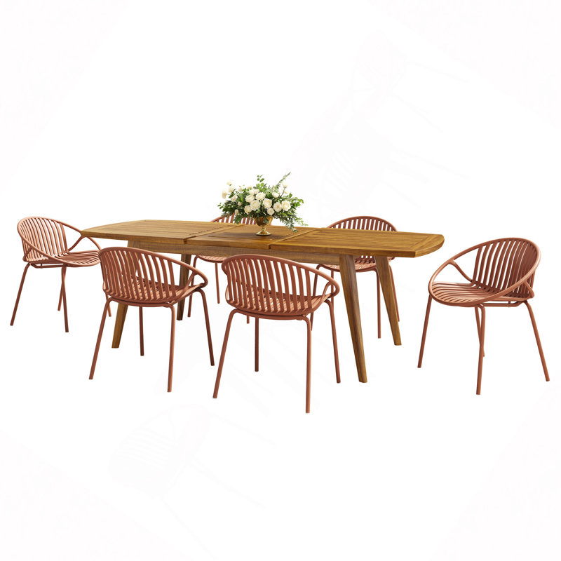 Ensemble de salle à manger extensible moderne 7 pièces avec chaise empilable, Teck