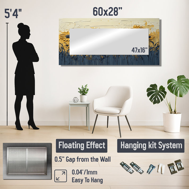 «Paint Effect On Golden Glow Sunflowers I» - Art mural miroir floral - imprimé sur métal, 28" x 60"