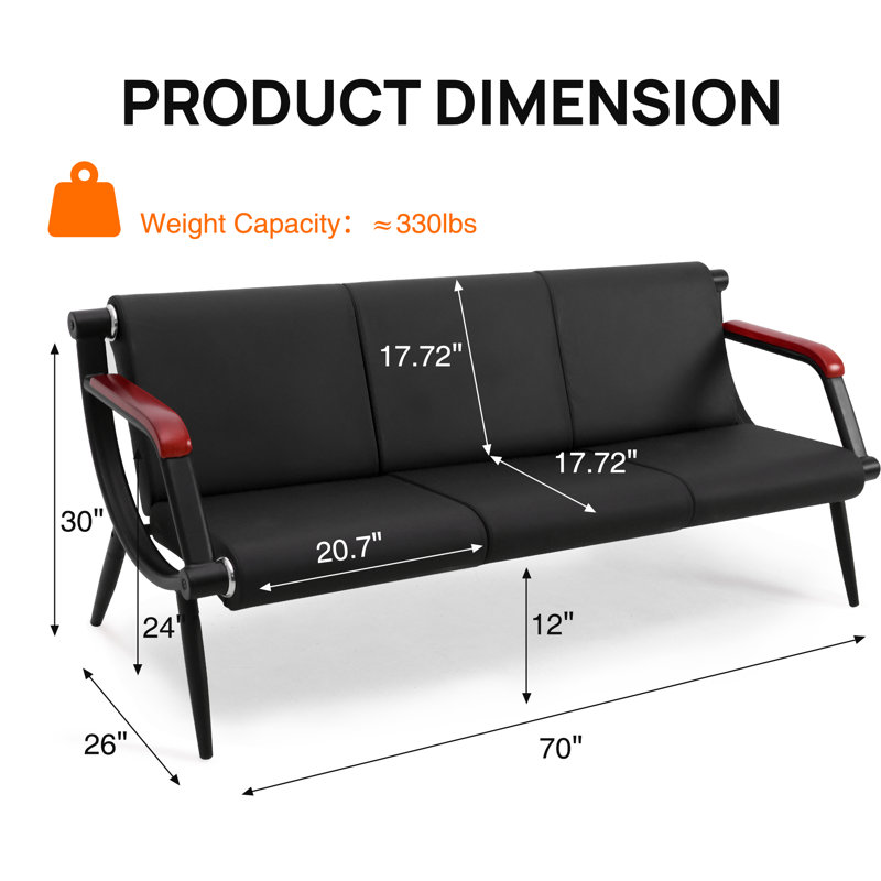 Faux Leather Waiting Room Chair Reception Sofa with Metal Frame, Black