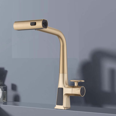 Robinet de cuisine moderne à poignée simple rotatif à 360 ° avec trois modes de sortie d'eau, affichage de la température et pulvérisateur rétractable