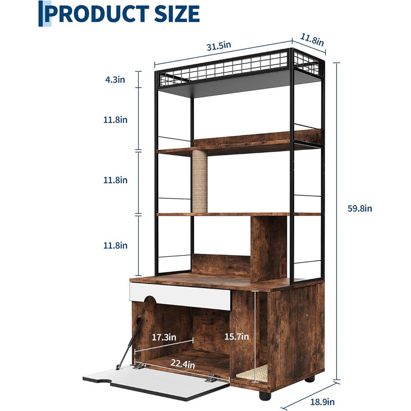 Mobilier moderne pour litière avec étagère de rangement à 4 niveaux, meuble dissimulé pour litière avec griffoir et tapis rembourré, niche intérieure peu encombrante, brun vintage