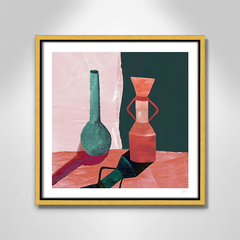 Imprimé vases sarcelle et terracotta par Violets Print House, L 13,5 po x H 13,5 po, Framed Canvas, Flotteur doré