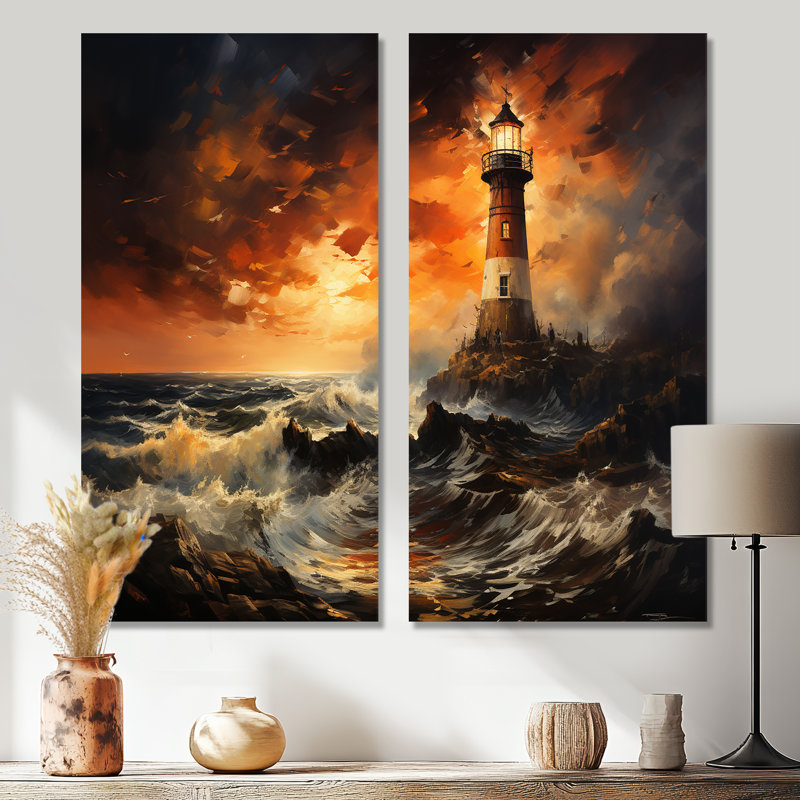 Danemark - phare lumineux - ensemble d'art mural orange - 2, 32" H x 32" W, Wrapped Canvas, Does Not Apply