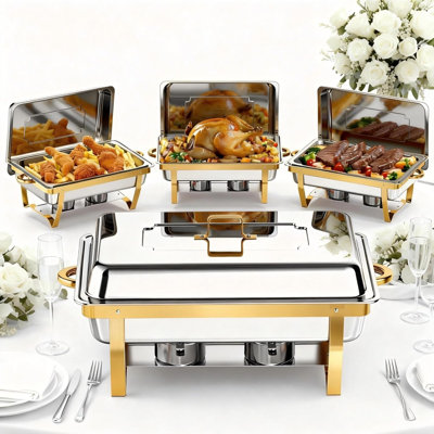 Chafing Dishes for Buffet, 4 Pack 9 Qt Stainless Steel Buffet Warmer Set, Elegant Gold and Silver Chafing Dish Set for Weddings, Catering, and Events