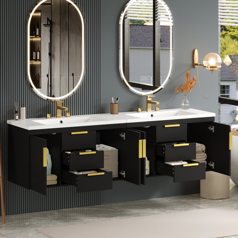 Meuble-lavabo mural flottant avec tiroirs, Noir
