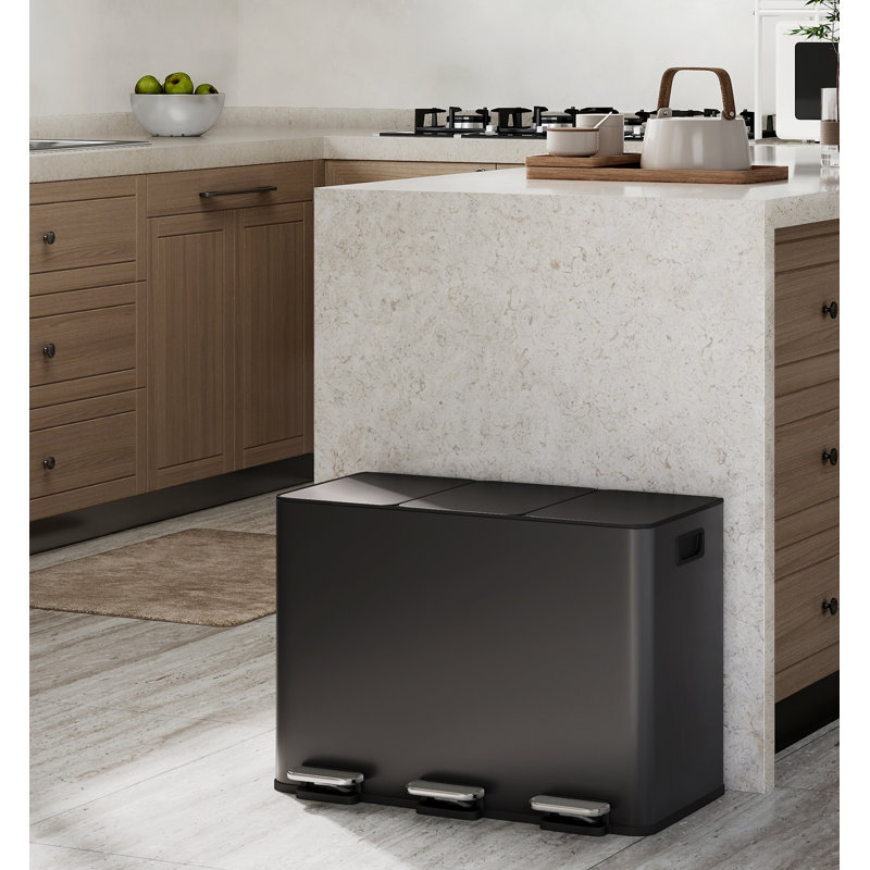 3-Compartment Stainless Steel Kitchen Pedal Bin - 45L (3 x 15L) Efficient Recycling, Soft-Close Lid, Removable Buckets & Side Handle - Space-Saving Trash Bin for Home