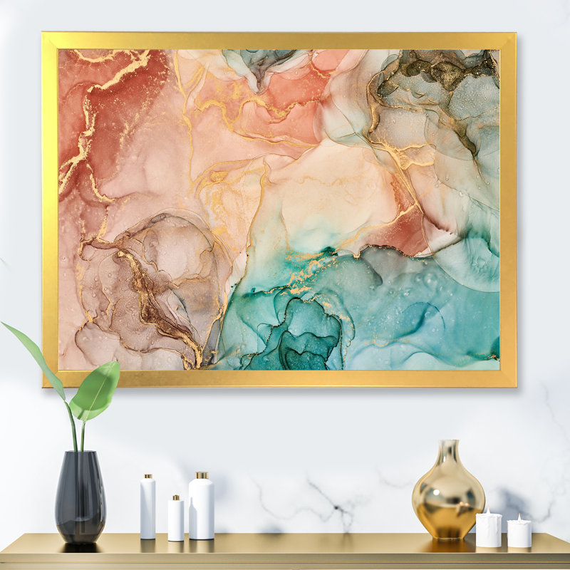 «Brown Luxury Abstract Fluid II», peinture sur toile, H 30 po x l 40 po x P 1,5 po, Encadrement doré