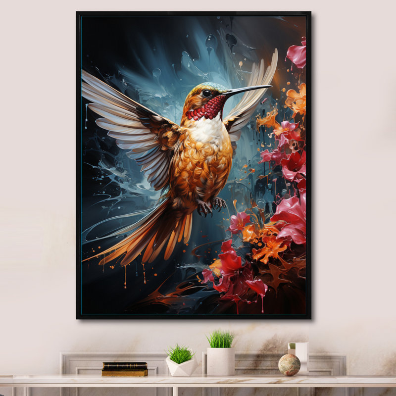 Teal Orange Animal Ruby Hummingbird Drips " Teal Orange Animal Ruby Hummingbird Drips ", 32" H x 24" W x 1" D