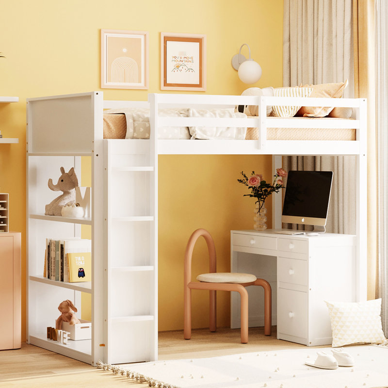 Lit mezzanine blanc simple avec et tablettes, bureau inclus - Fabrication en bois massif pour une durabilité et un espace accrus, bureau, tablettes robustes pour une utilisation maximale