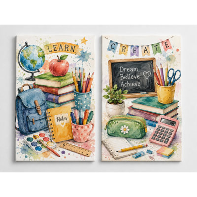 Large Set of 2 Watercolor School Supplies Wall Art Classroom Decor Educational Canvas Prints Teacher Classroom Kids Study Room Decor 16x24 Inch Canvas Print - Ready to hang