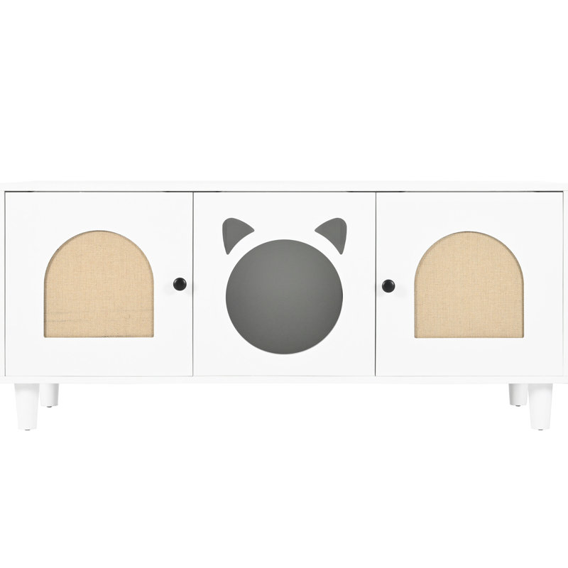 Armoire à litière moderne en blanc crème avec surface à griffer et abri à motifs