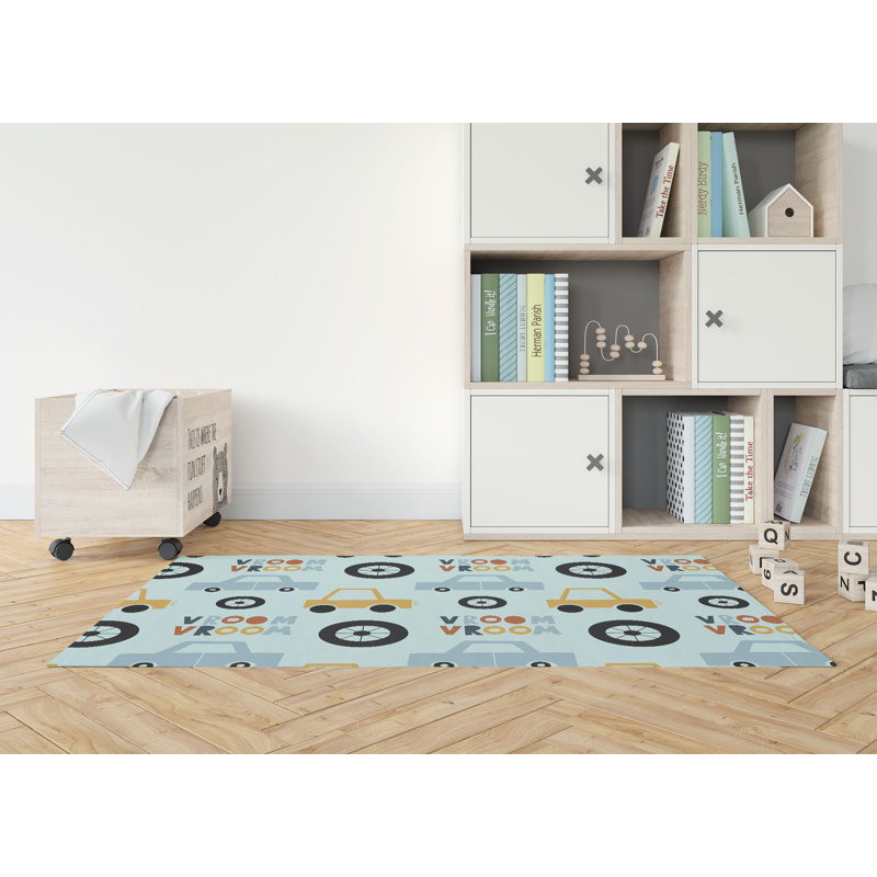Vroom vroom Colorized Kids Play Mat, Rectangle 48" x 72", Light Blue/Blue/Gold/Orange