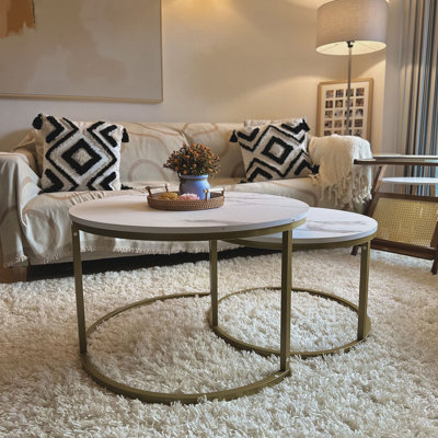HOMCOM Coffee Table Set of 2 with Metal Frame for Living Room, White