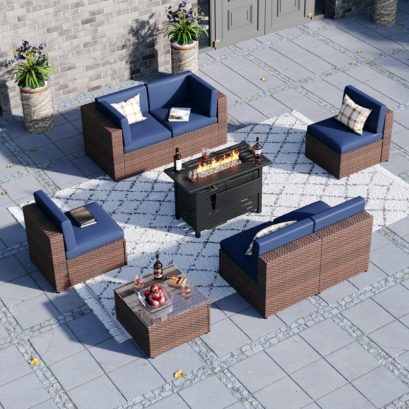 Ensemble de conversation de patio pour 6 personnes en osier avec table basse et foyer