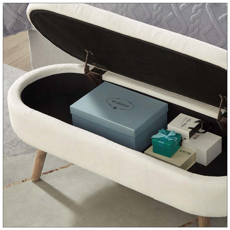 Oval Boucle Storage Ottoman Bench with Wood Legs, Ivory