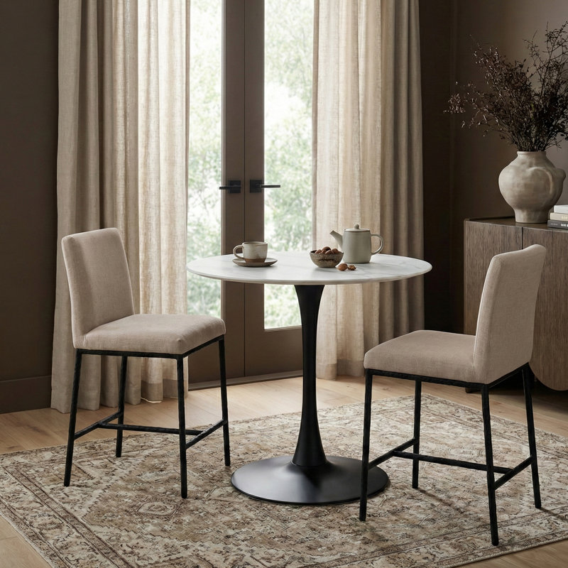 Tabouret de comptoir rembourré Reeves, Tissu chenille beige, Noir mat