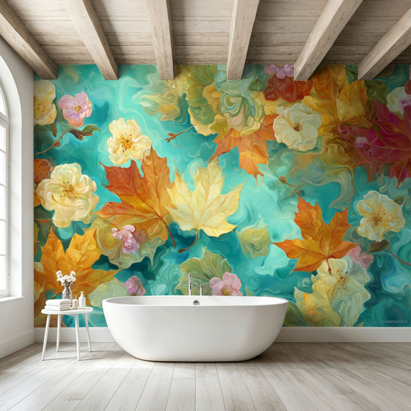 Papier peint adhésif pelez et collez, feuilles d'automne flottant, tourbillonnant des eaux, fleurs délicates, art mural auto-adhésif et amovible
