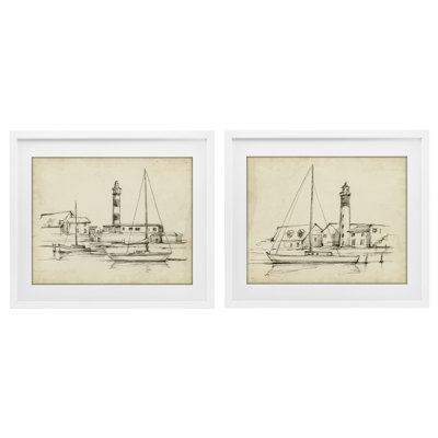 Vintage Lighthouse Studies 2pc Framed Print Under Glass Set, design by Ethan Harper