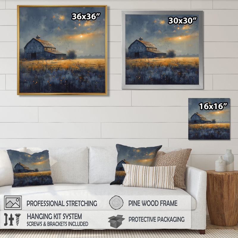 «Yellow Autumn Barn Golden Hour III», art mural grange, Toile avec cadre flottant brun, H 16 po x l 16 po x P 1 po