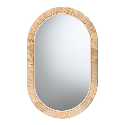Miroir ovale moderne moderne en bois d'acajou brun naturel et rotin naturel