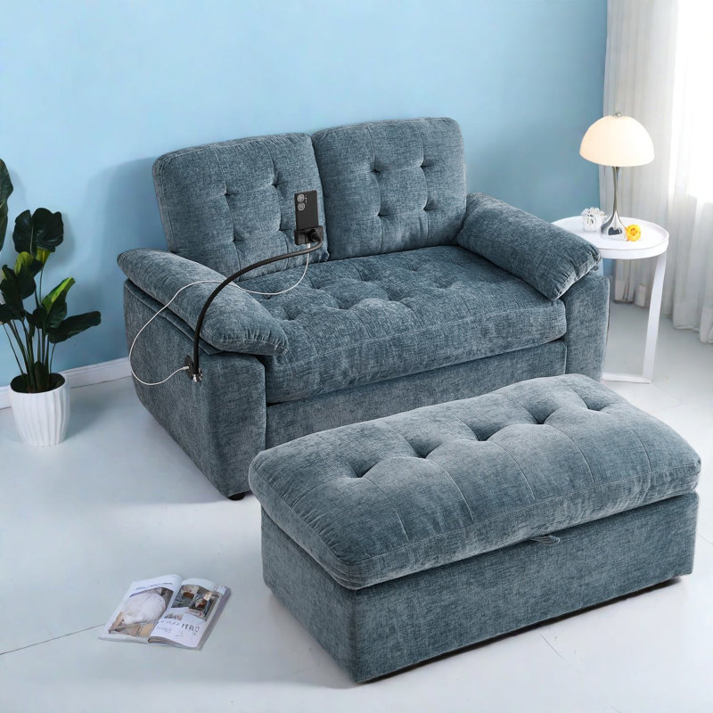Canapé inclinable double multifonctionnel avec repose-pieds, bleu