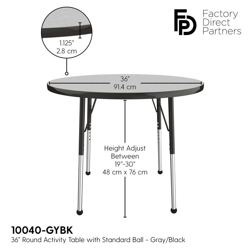 Table ronde à hauteur réglable, 36", Gris / noir, Standard Ball Glide
