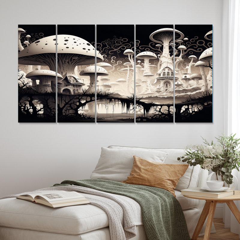 Magical Mushroom Planet Retro Illustration I - impression sur toile de champignon - 5 panneaux égaux