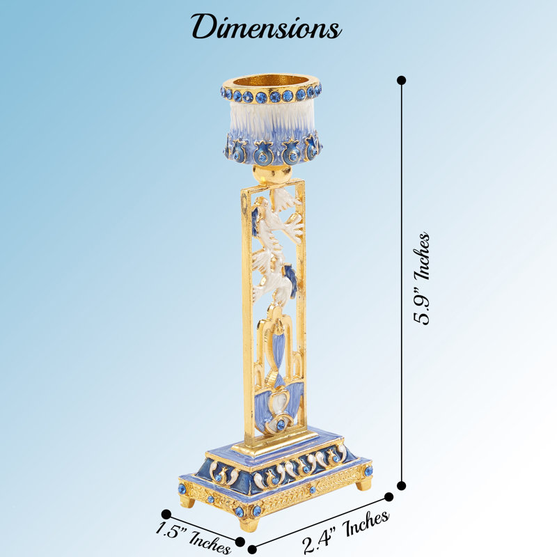 Matashi Shabbat Candlestick Holder (2-piece Set) Hand-painted, Gold-plated Pewter Tall, Vintage Craftsmanship Adorned W/ Doves Personal, Religious Enjoyment (blue)