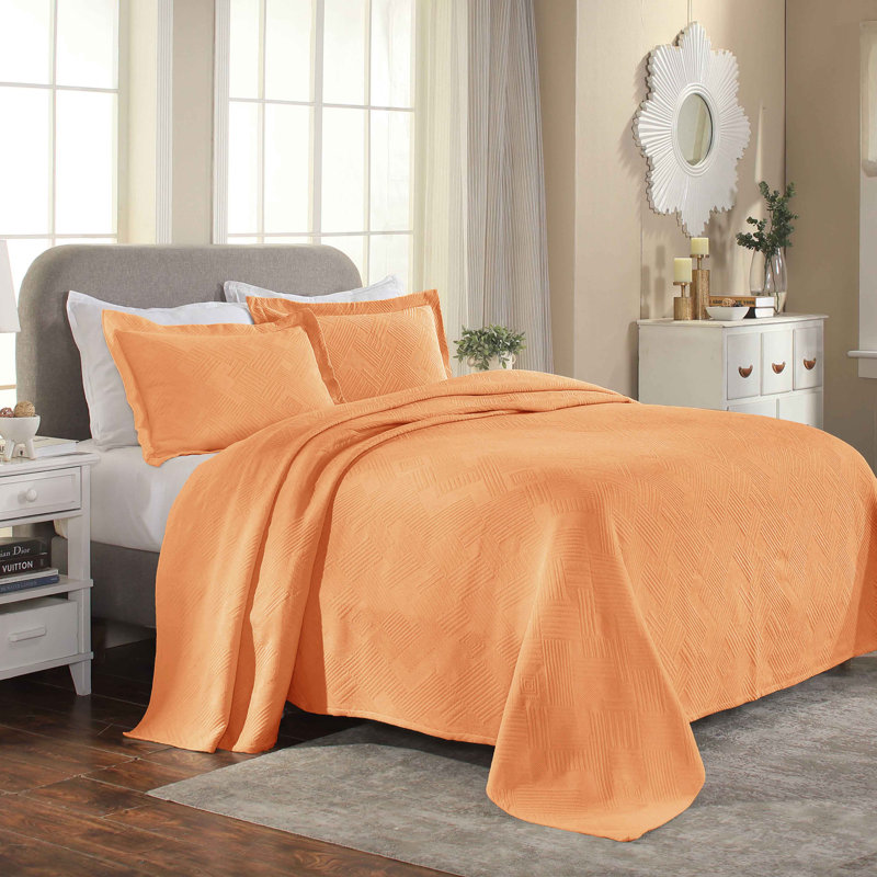 Scotia 100% Cotton All-Season Geometric Fret Jacquard Matelasse Bedspread/Coverlet Set, Full Bedspread + 2 Shams, Salmon