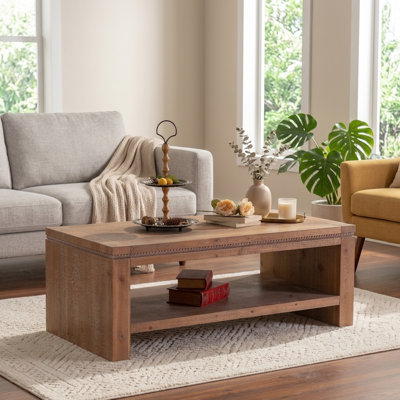 FFZ 47.24" Rustic Farmhouse Coffee Table with 2 Tiers and Open Storage Shelf Solid Wood Construction