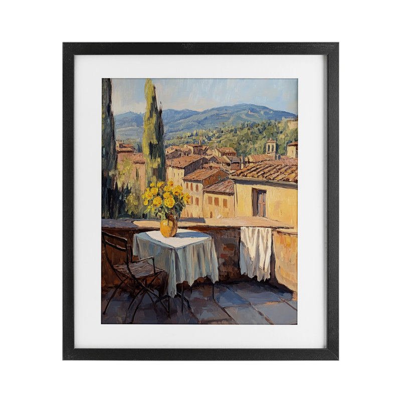 Petit déjeuner sur le balcon, reproduction encadrée sous verre, design par Petal Prints Design, Cadre noir minuit
