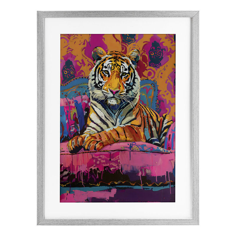 «Lounging Tiger» sur fond rose encadré sous verre, design par LSR Design Studio, H 20 po x l 14 po, Cadre de ferme gris