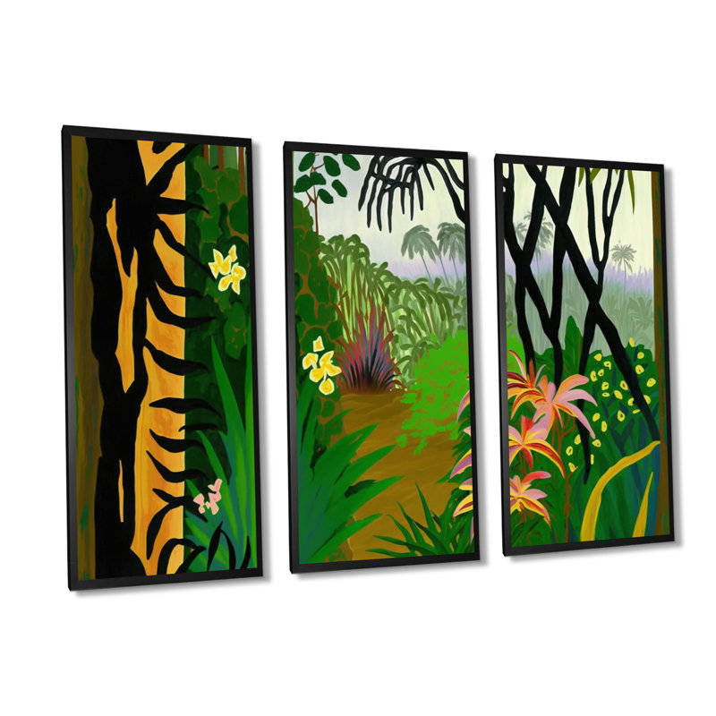 «Blossoming And Vibrant Jungle Flora IV», reproduction sur toile 3 pièces, H 20 po x l 36 po x P 1 po, Toile encadrée noire