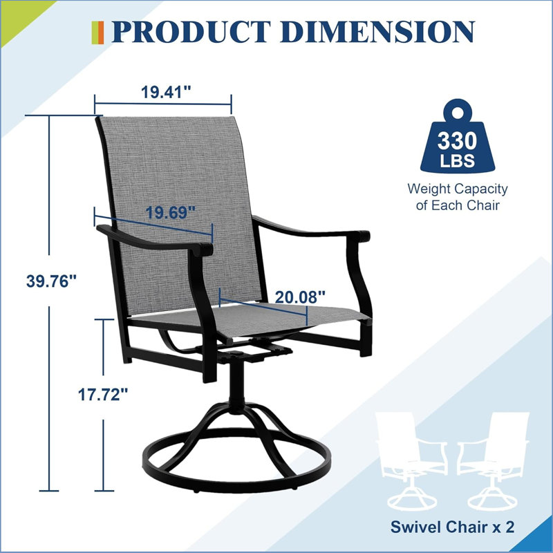 Outdoor Swivel Dining Chairs With Padded Textilene Breathable Back, Swivel Patio Dining Chairs Set Of 2, Swivelpatio Slingchairs Set For Poolside Lawn Garde