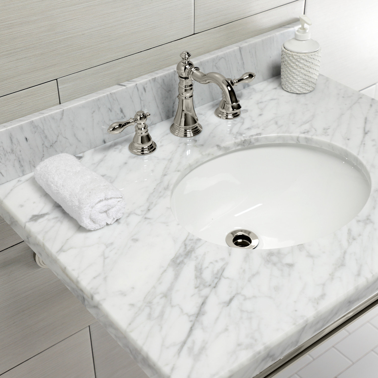Kingston Brass Edwardian 30-Inch Carrara Marble Console Sink with Brass Legs (8-Inch, 3-Hole), Marble White/Polished Nickel