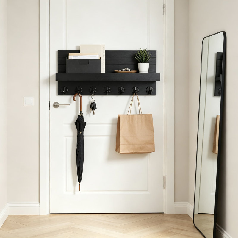 Porte-clés mural avec 7 crochets et tablette décorative pour l'organisation du vestibule, style maison de campagne en bois, installation facile