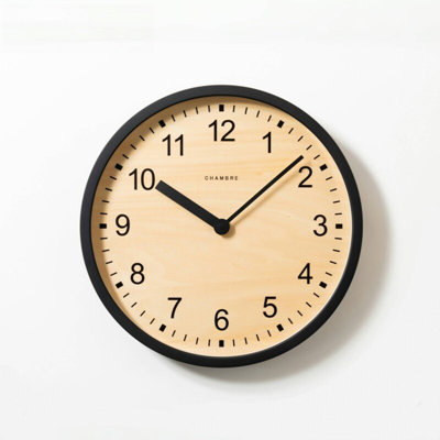 Natural Wood Face Black Frame Round Wall Clock