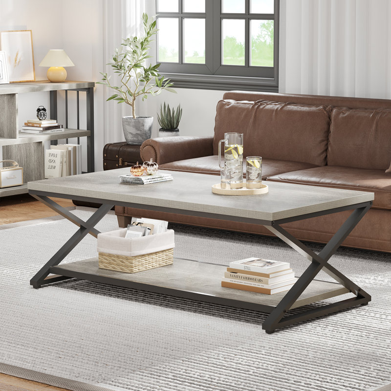 Coffee Table for Living Room, 2 Tier Tea Table, Industrial Metal Wood Coffee Table with Storage, Farmhouse Wooden Rectangle Center Table for Office Bedroom