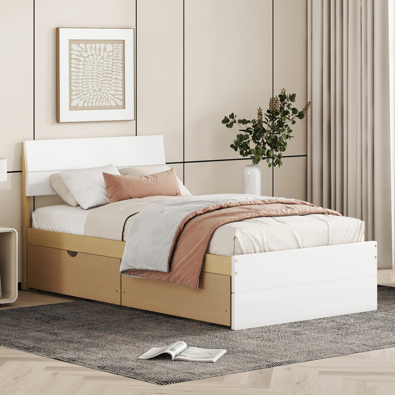 Lit simple avec tête de lit blanc brillant et 2 tiroirs avec rangement en chêne