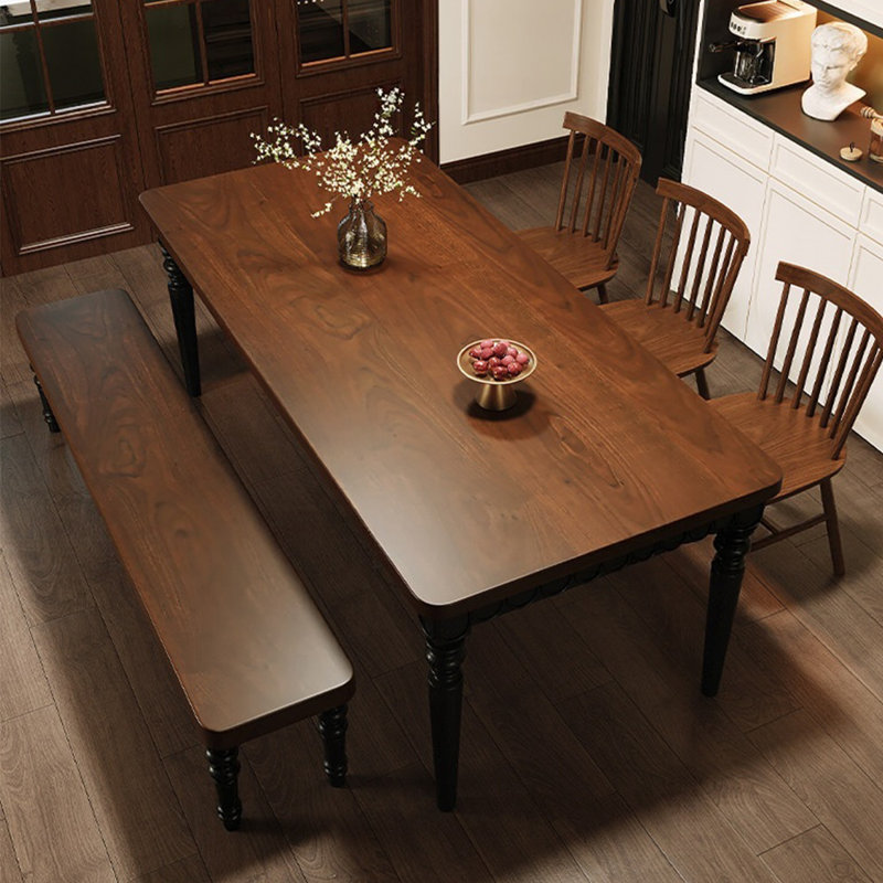 Nut-brown+Black Rectangular Solid Wood Dining Table, 29.53"H×62.99"L×31.50"W