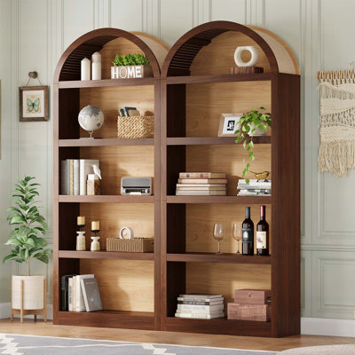 Freestanding Tall Bookshelves Set of 2, Farmhouse Two-Tone Open Storage Cabinet with Fabric Arched Top, 5-Tier Display Bookcase for Living Room, Bedroom, Home Office, Black+Natural