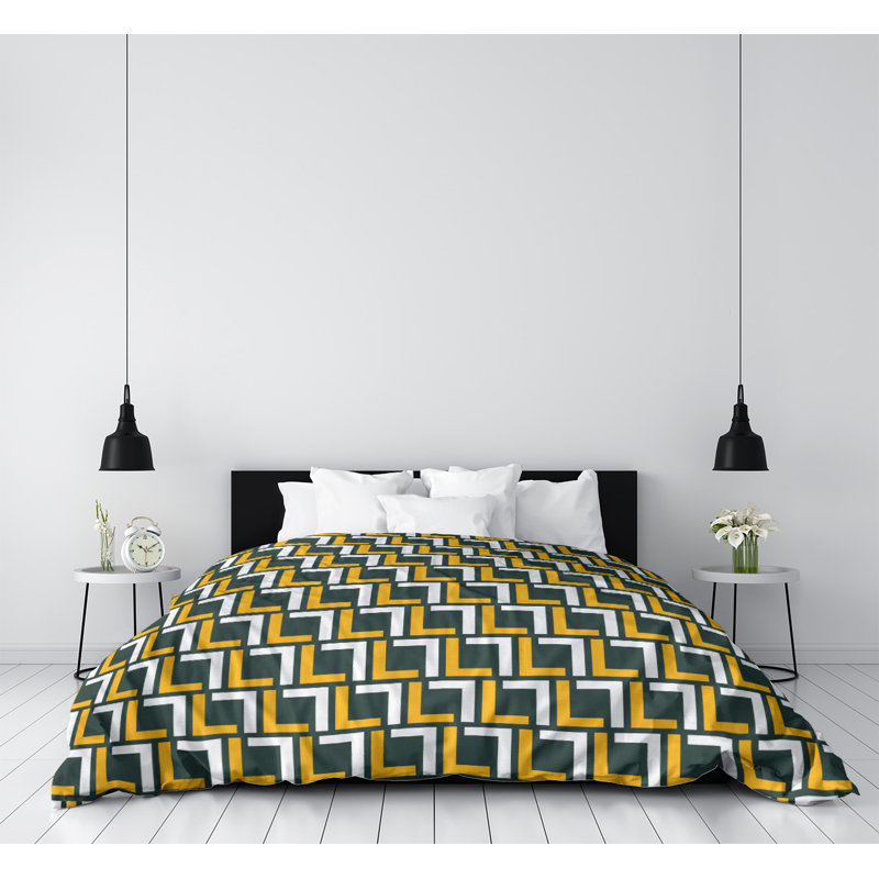 Housse de couette simple, Housse de couette pour très grand lit, Polyester brossé, Vert foncé / or / blanc