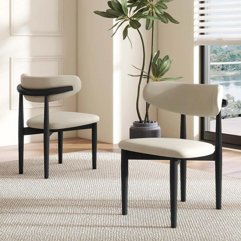Mid-Century Modern Wood Dining Chairs, Upholstered PU Leather Wood Dining Chair Side Chair, Fully Assembled, Black