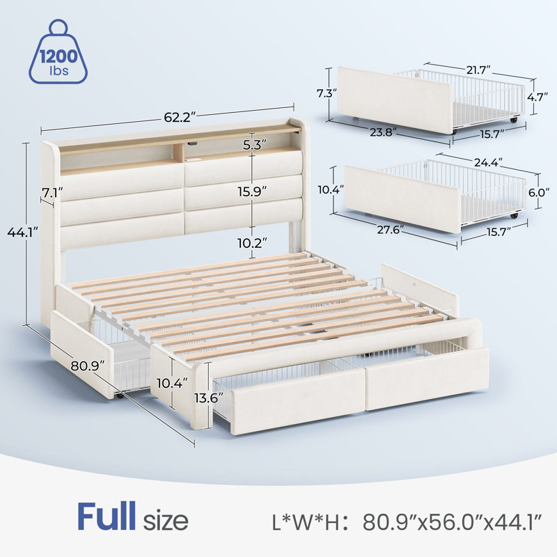 Upholstered Bed Frame with Storage Drawers & LED Lights