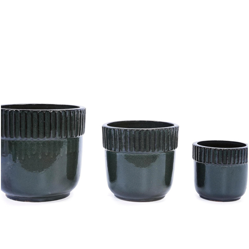 Handmade Ceramic Planter Set of 3, 15 Inch Diameter, Black Ribbed Pattern, for Succulents Indoor/Outdoor Use on Windowsill & Bookshelf, Breathable Clay