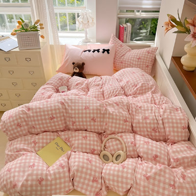 Cute Bowknot Pink And Blue Plaid Comforter Set Bowknot Polka Dot On White Pink Abstract Striped Comforter Set For Kids Girls Woman